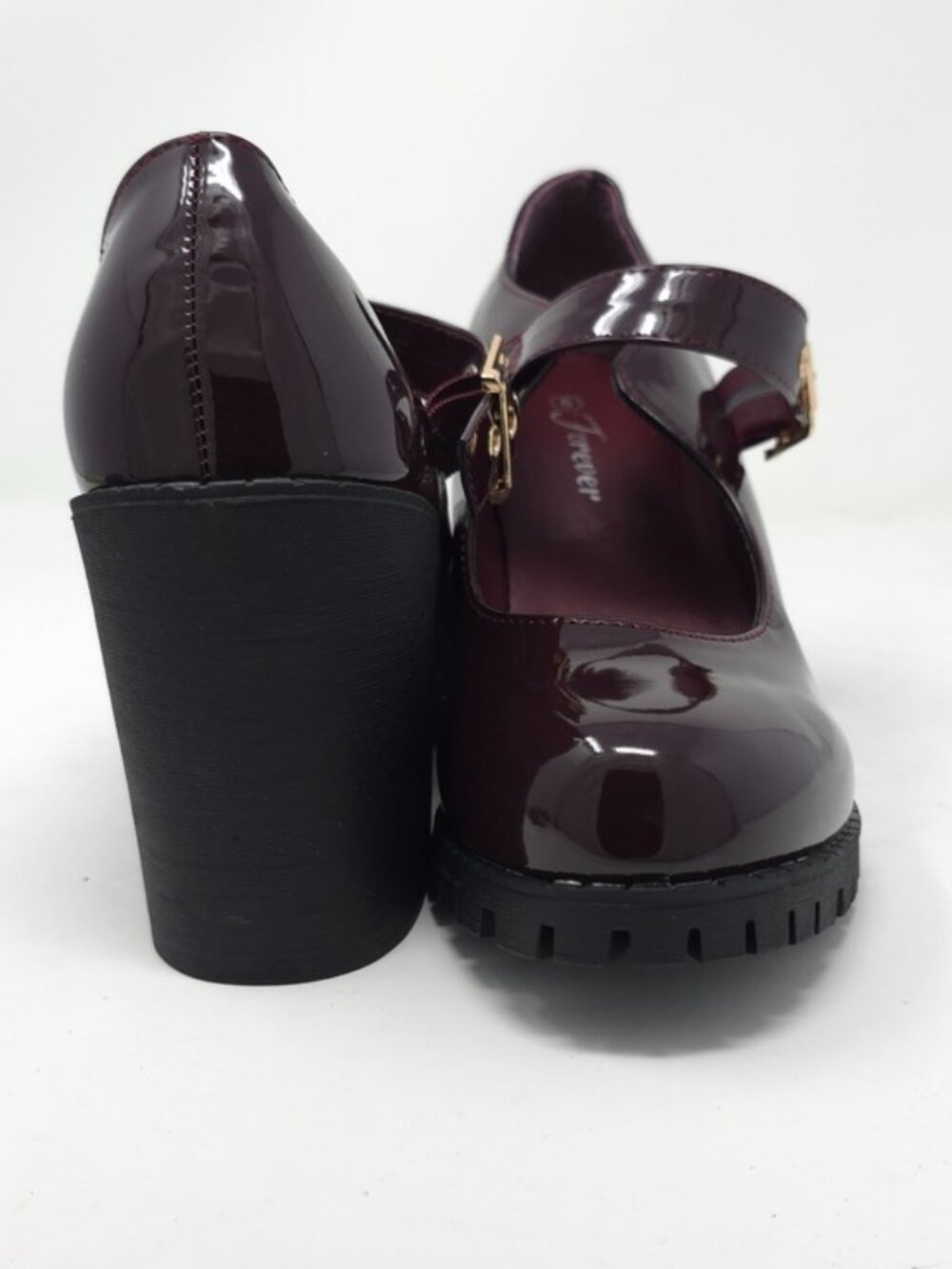 Burgundy Patent Faux Leather Mary Jane Platform Chunky Heel Lug Sole Trendy - Picture 5 of 11